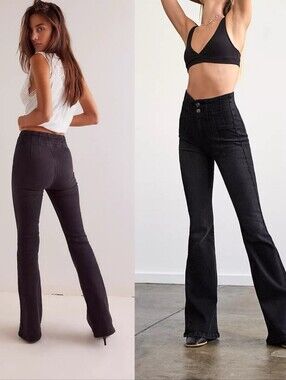 Free People We The Free Jayde Flare Jeans Onyx Black  High Rise Retro Boho